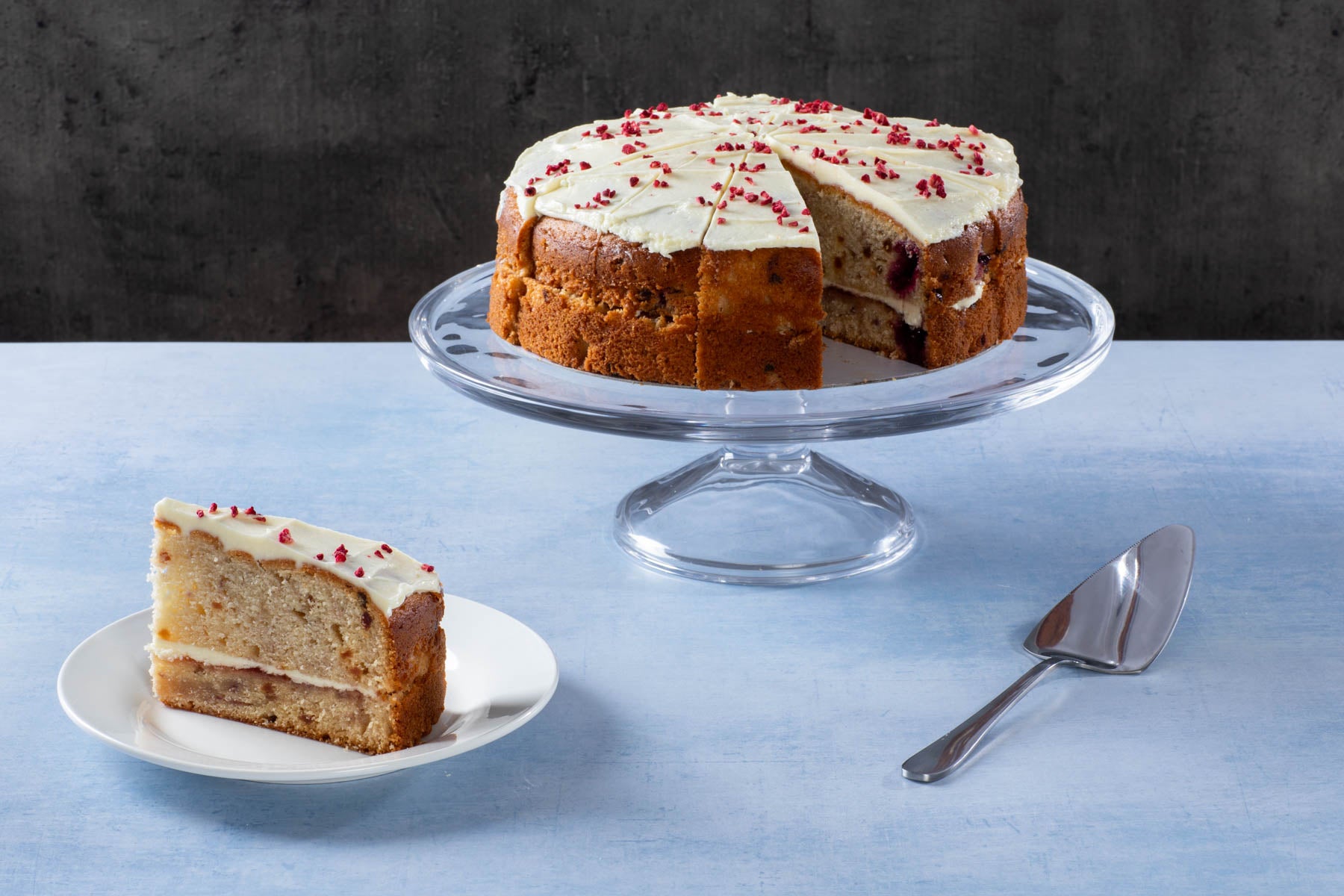 Chocolate and vanilla layer cake with chocolate frosting and chocolate curls.